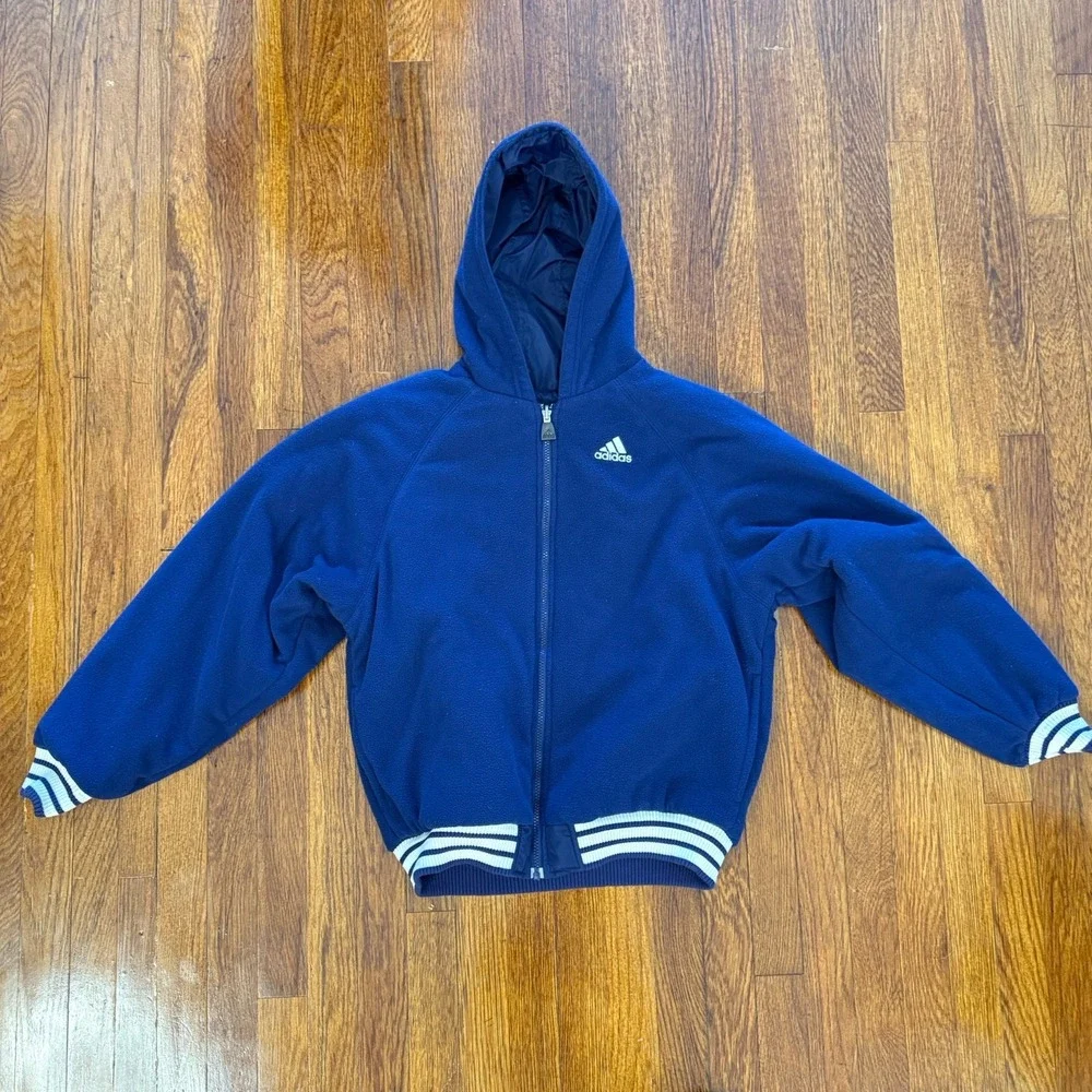 VINTAGE adidas Men's 90s Reversible Hooded Puffer Jacket Navy Blue Size S/M